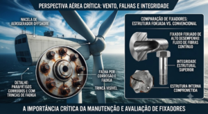 Turbina eólica com detalhe de parafusos danificados por fadiga e fixadores forjados de alta performance para comparação