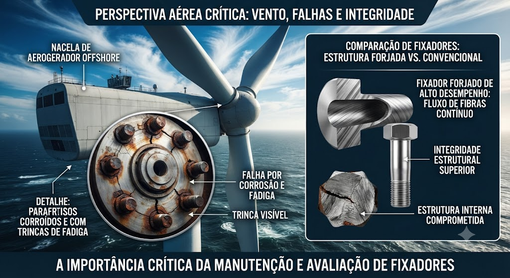Turbina eólica com detalhe de parafusos danificados por fadiga e fixadores forjados de alta performance para comparação