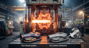 Processo de forjamento a quente de peça automotiva em prensa industrial, mostrando conformação do aço e fluxo de grãos