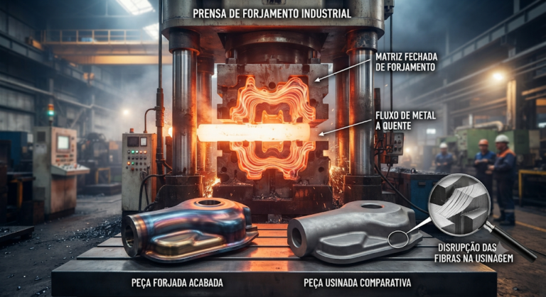 Processo de forjamento a quente de peça automotiva em prensa industrial, mostrando conformação do aço e fluxo de grãos