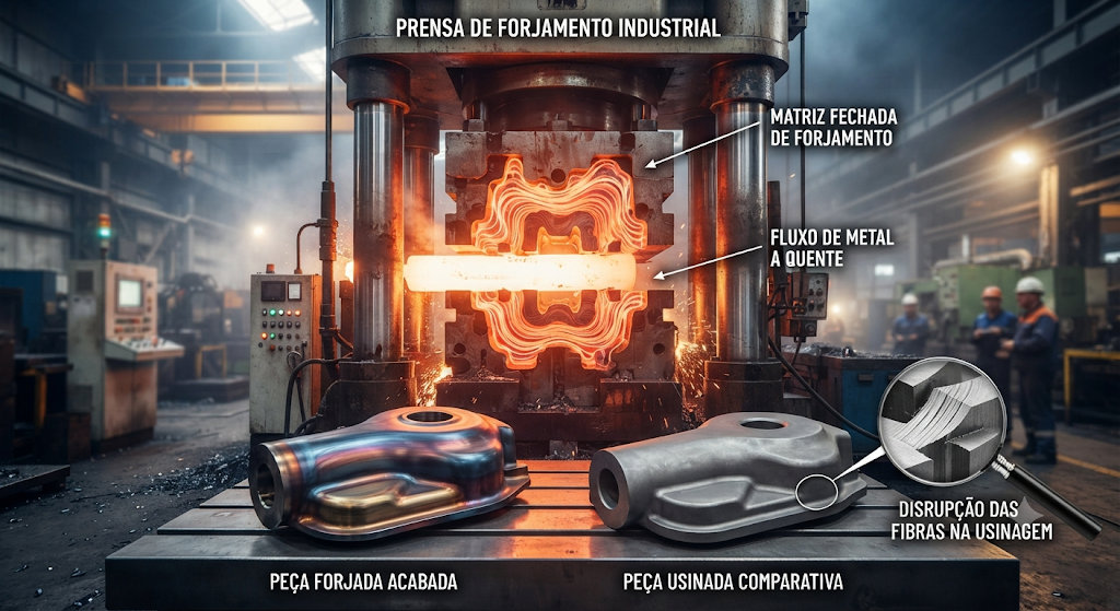 Processo de forjamento a quente de peça automotiva em prensa industrial, mostrando conformação do aço e fluxo de grãos