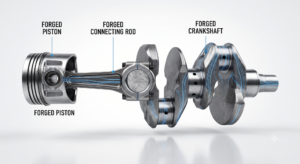 Componentes forjados para motor: virabrequim, biela e pistão com visualização de fluxo de grão metalúrgico em estrutura azul