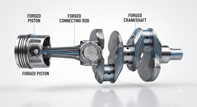 Componentes forjados para motor: virabrequim, biela e pistão com visualização de fluxo de grão metalúrgico em estrutura azul