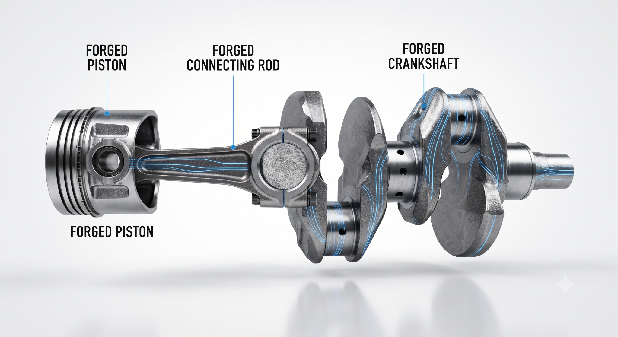 Componentes forjados para motor: virabrequim, biela e pistão com visualização de fluxo de grão metalúrgico em estrutura azul